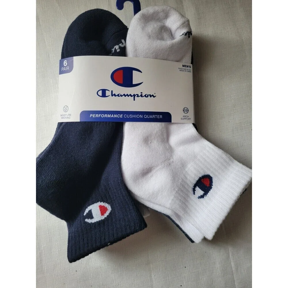 Champion Mens Quarter Ankle Multi SporSocks -6 Prs  Athleticwear Size 6-12 Black